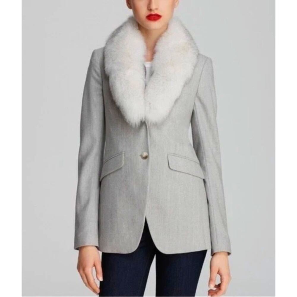 Theory 8 Fox Fur Herringbone Blazer $795 Removable Collar Wool Jacket Gray Cream